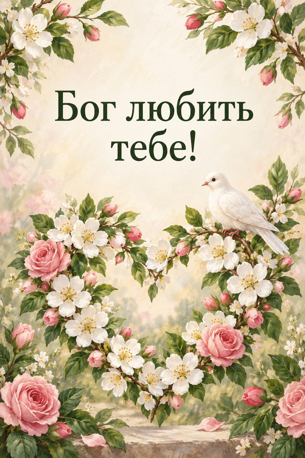 Християнська листівка з днем народження: серце з білих квітів і голуб на гілці, напис «Бог любить тебе!»