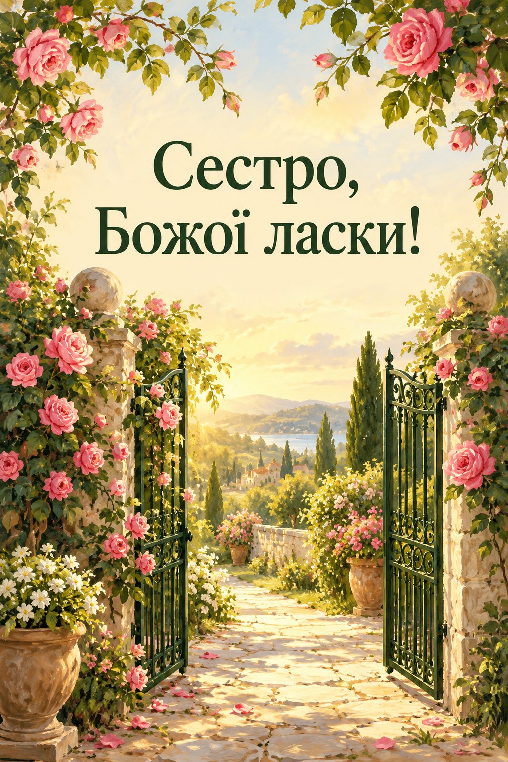Християнська листівка з днем народження: хвіртка в трояндах і сонячна стежка, напис «Сестро, Божої ласки!»
