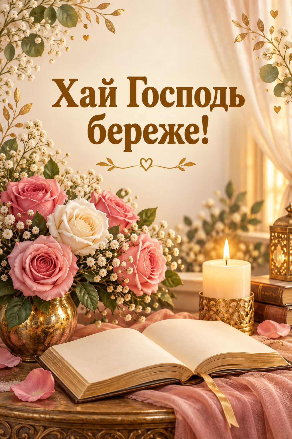 Християнська листівка з днем народження: запалена свічка, троянди й розгорнута книга, напис «Хай Господь береже!»