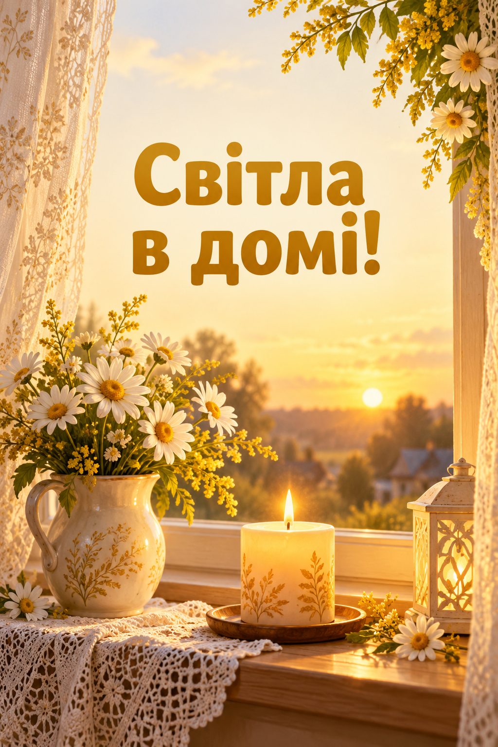 Християнська листівка з днем народження: свічка на підвіконні з мереживними фіранками й ромашками, напис «Світла в домі!»