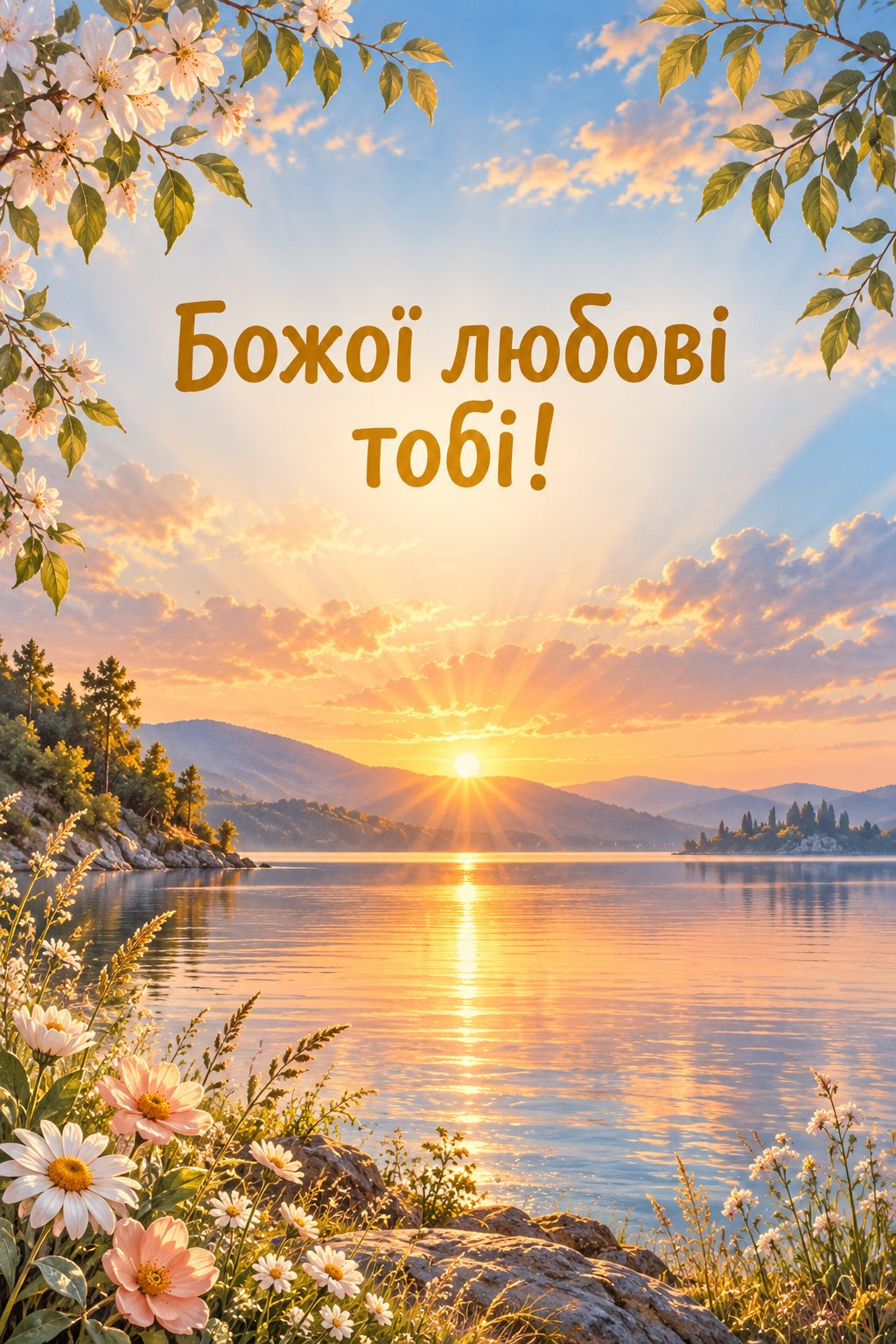 Християнська листівка з днем народження: світанок над озером, промені крізь хмари, напис «Божої любові тобі!»
