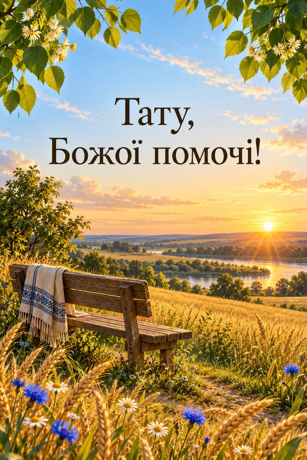 Християнська листівка з днем народження: пшеничне поле в золоту годину й дерев'яна лава, напис «Тату, Божої помочі!»