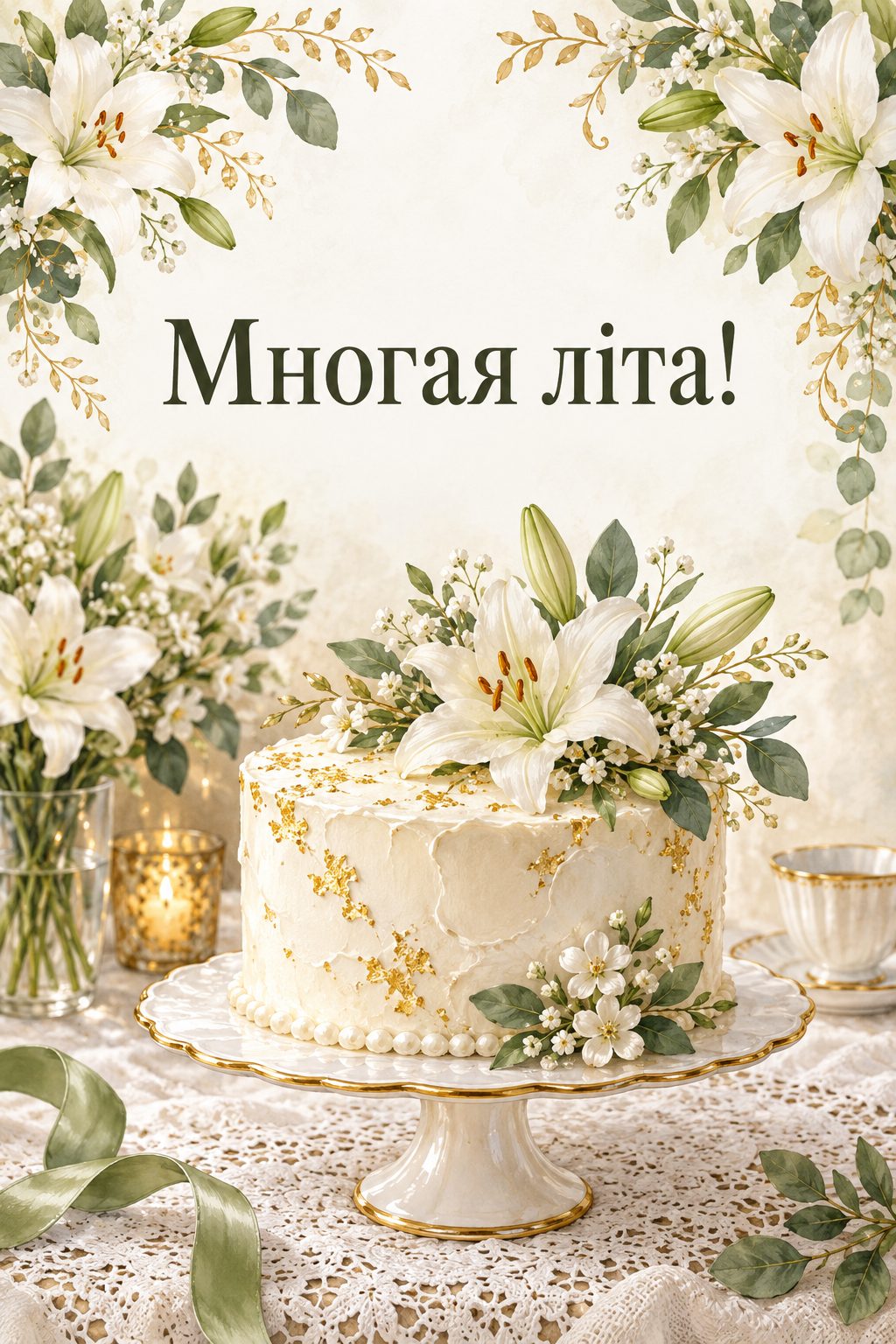 Християнська листівка з днем народження: білий торт з ліліями на мереживній скатертині, напис «Многая літа!»