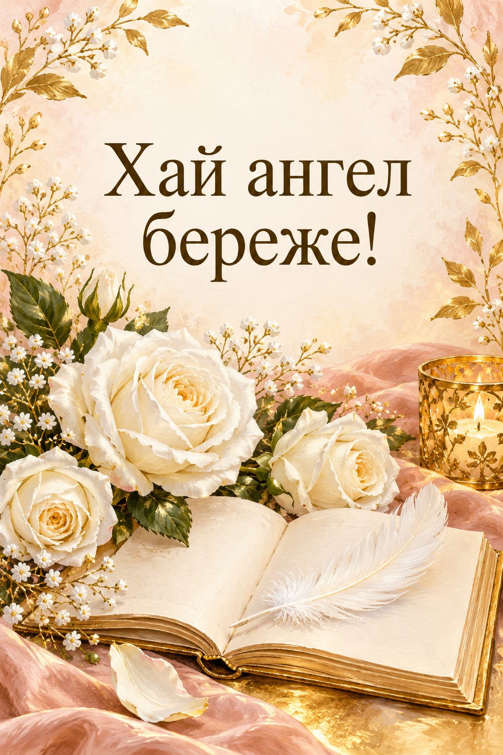 Християнська листівка з днем народження: білі троянди й біла пір'їнка на розгорнутій книзі, напис «Хай ангел береже!»