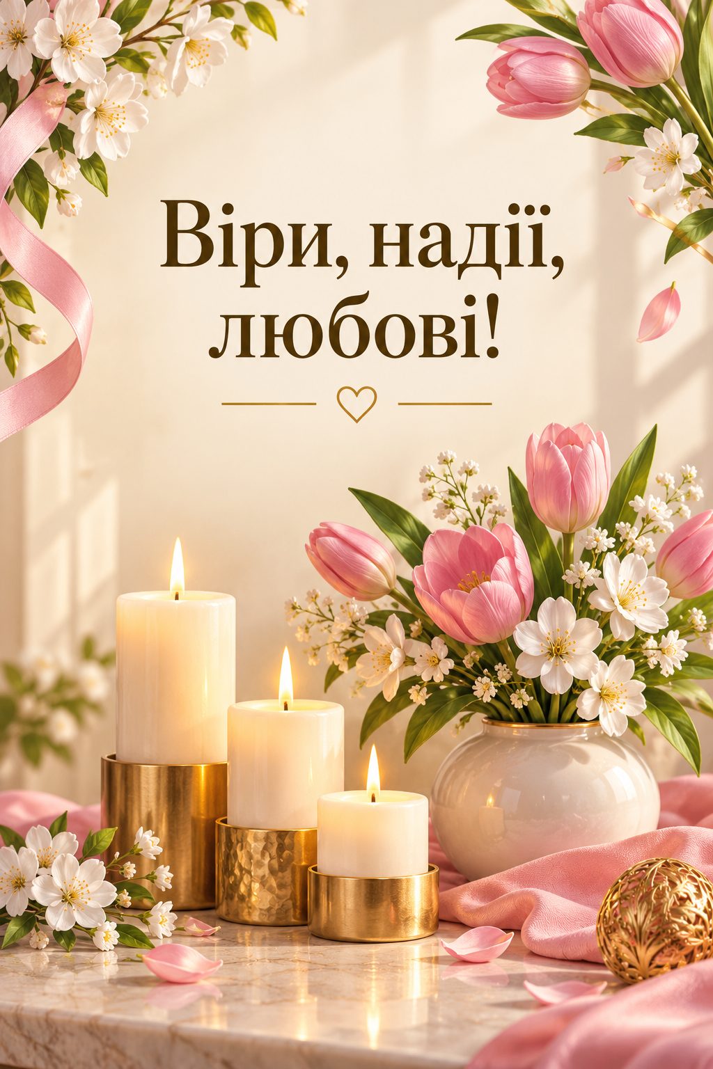 Християнська листівка з днем народження: три свічки поруч із вазою весняних квітів, напис «Віри, надії, любові!»