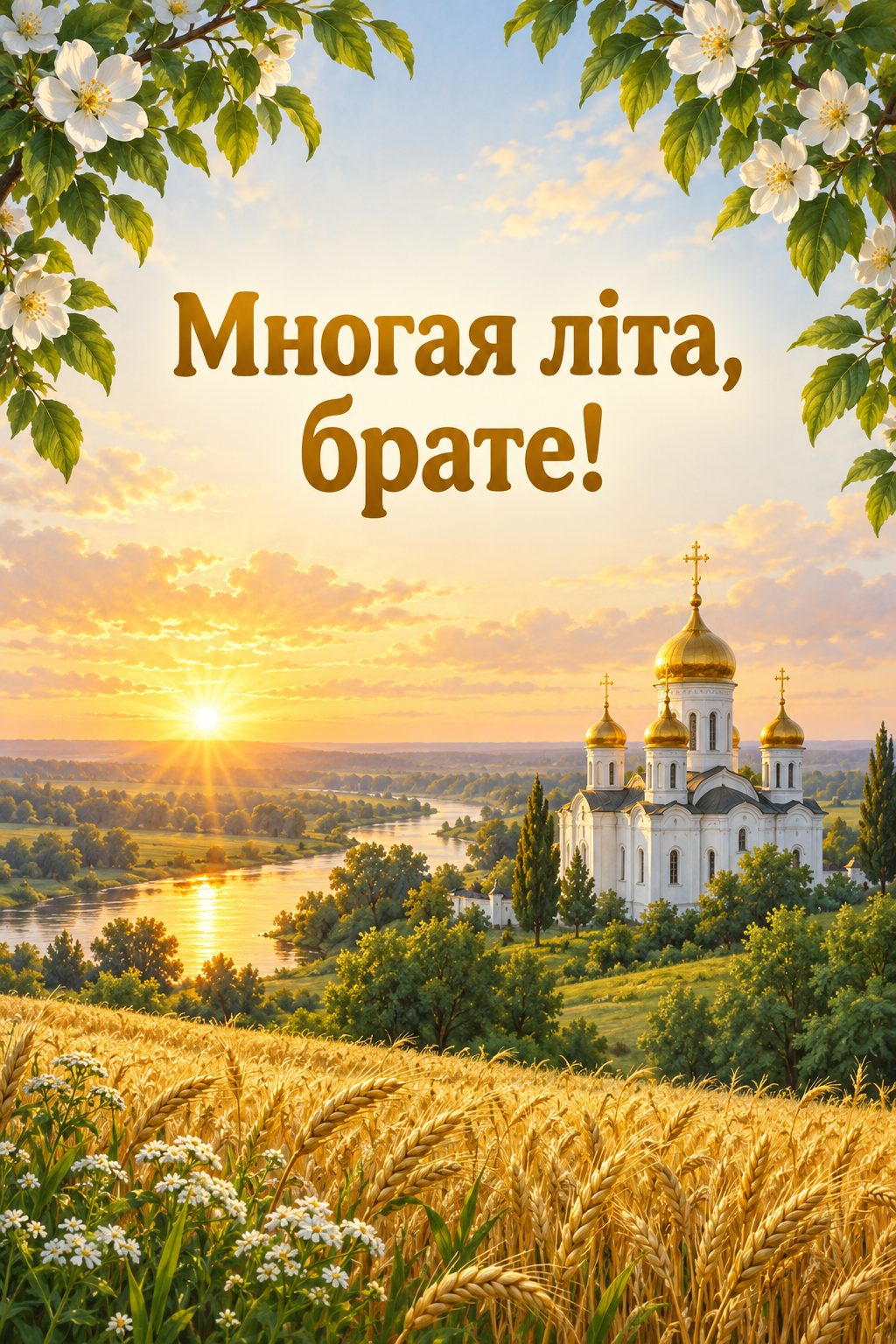 Християнська листівка з днем народження: церква з золотими банями серед полів на світанку, напис «Многая літа, брате!»