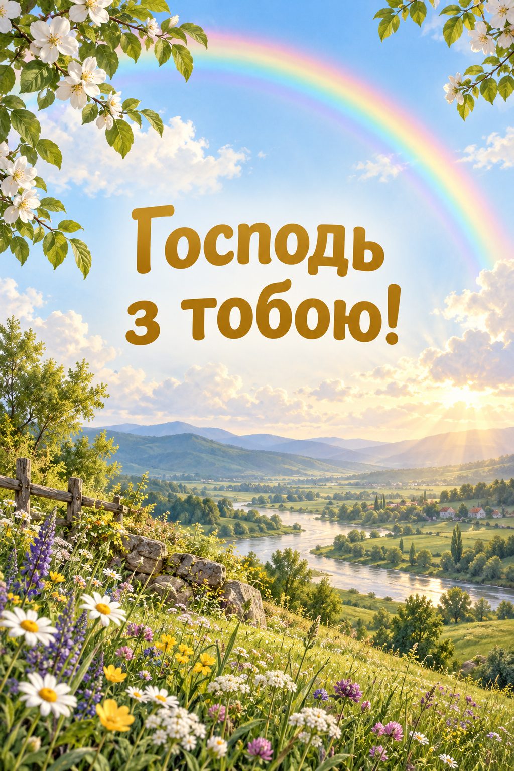 Християнська листівка з днем народження: веселка над зеленою долиною після дощу, напис «Господь з тобою!»
