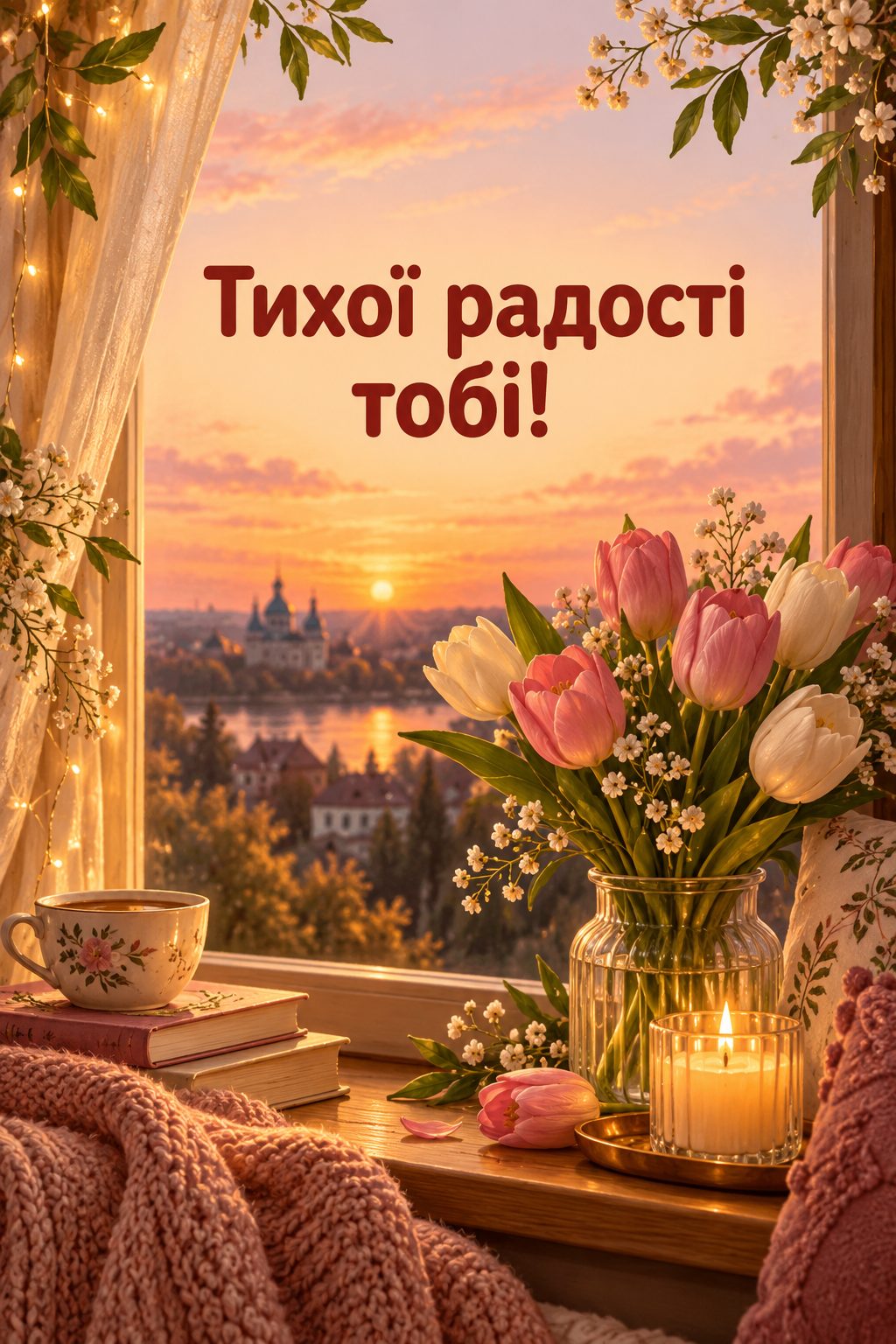 Християнська листівка з днем народження: вікно зі свічкою й тюльпанами в сутінках, напис «Тихої радості тобі!»