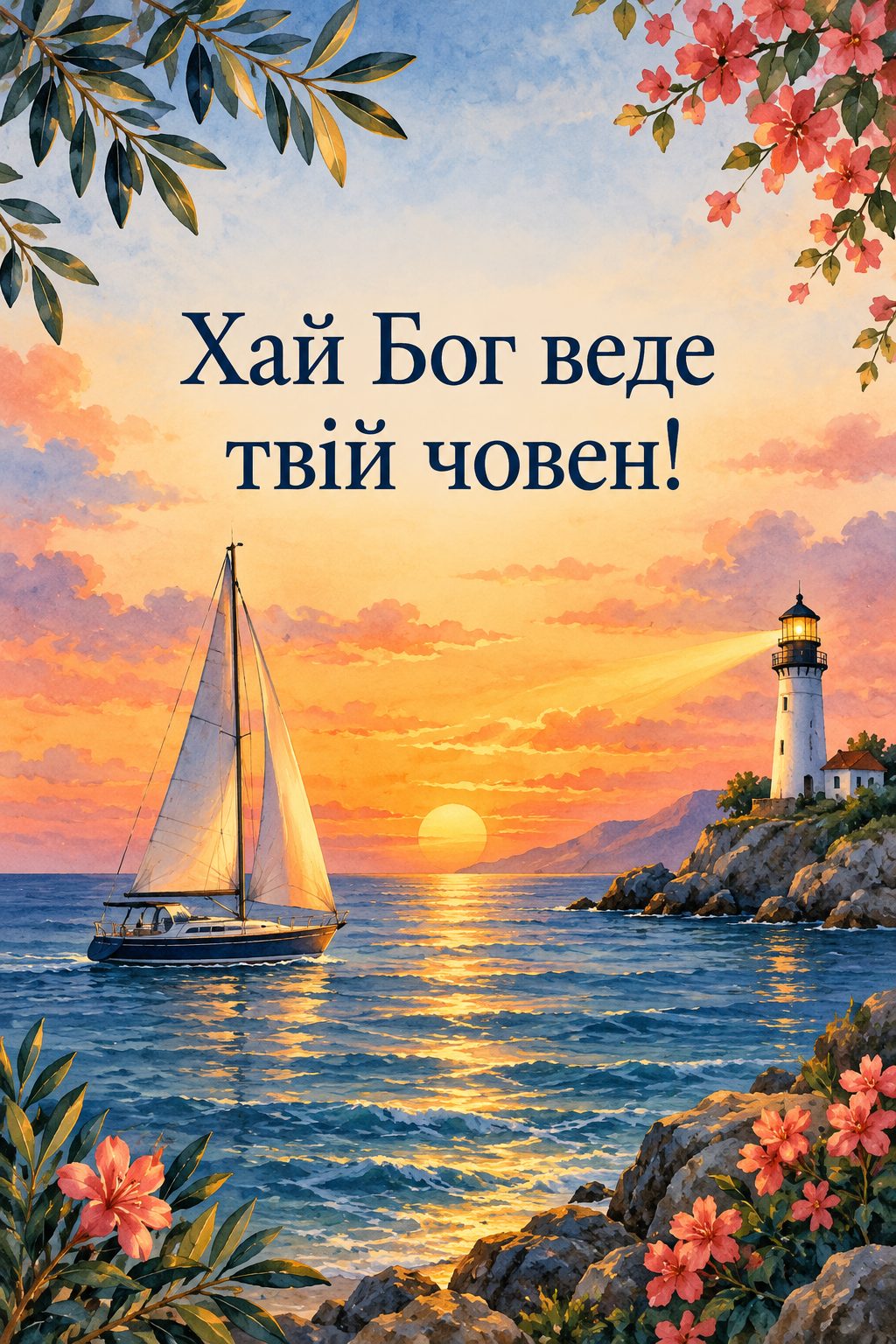 Християнська листівка з днем народження: вітрильник і маяк на заході сонця, напис «Хай Бог веде твій човен!»