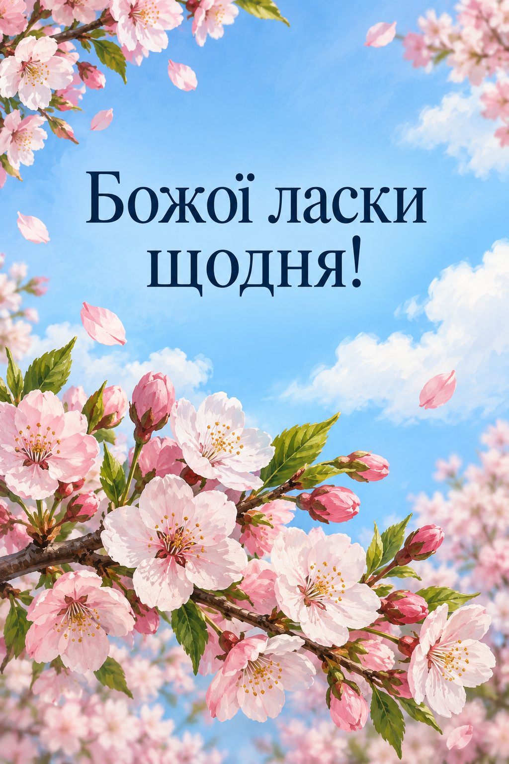 Християнська листівка з днем народження: квітуча гілка вишні на тлі синього неба, напис «Божої ласки щодня!»