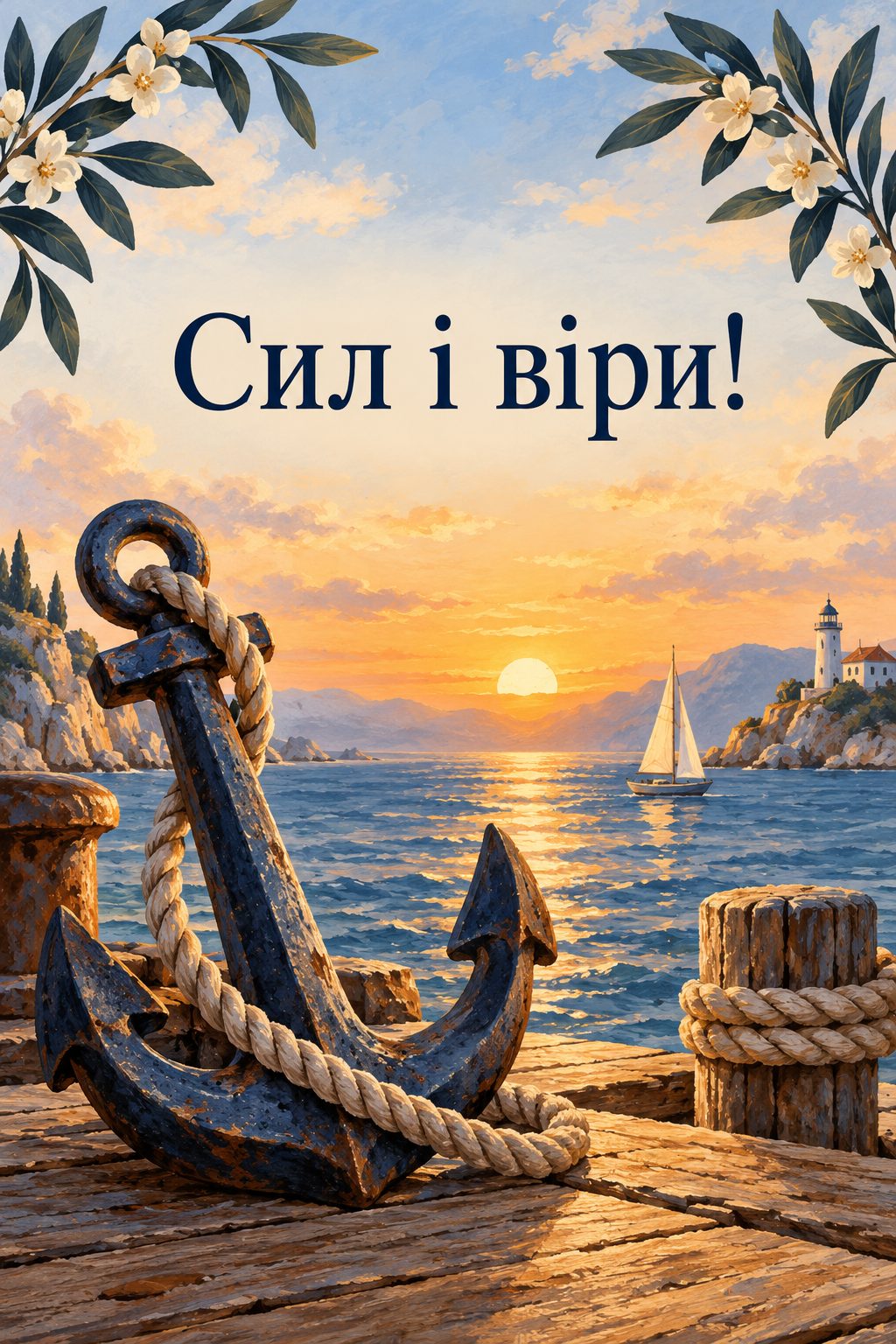 Християнська листівка з днем народження: якір із канатом на причалі на світанку, напис «Сил і віри!»