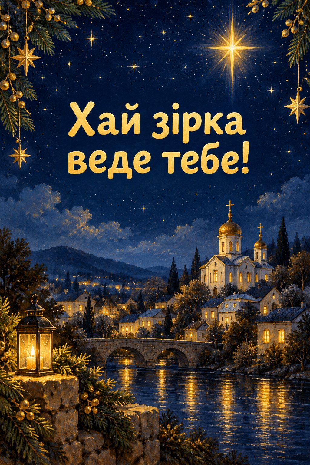Християнська листівка з днем народження: зоряне небо над тихим селом із церквою, напис «Хай зірка веде тебе!»