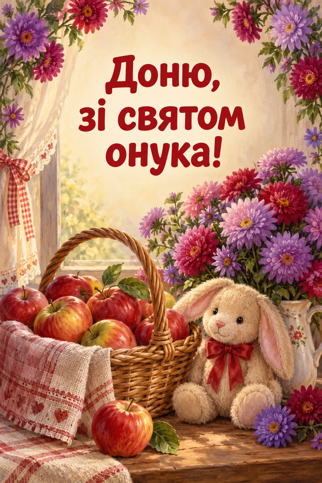 Листівка батькам з днем народження сина: кошик яблук, іграшковий зайчик і букет айстр, напис «Доню, зі святом онука!»