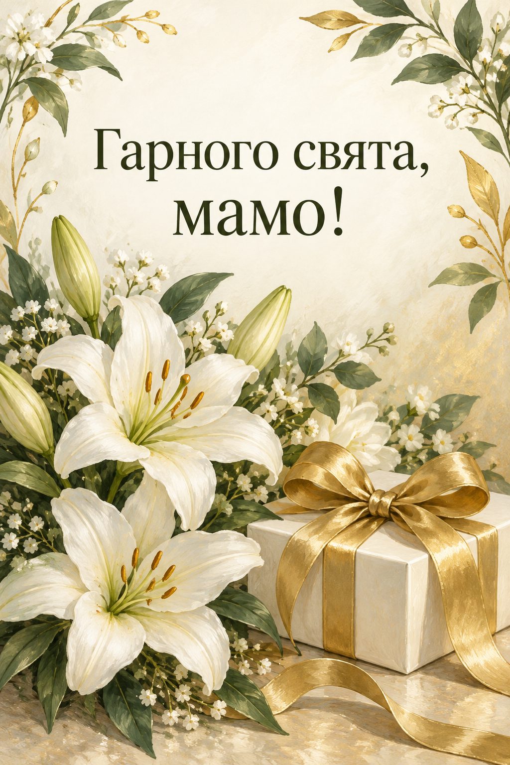Листівка батькам з днем народження сина: білі лілії й подарунок з атласною стрічкою, напис «Гарного свята, мамо!»