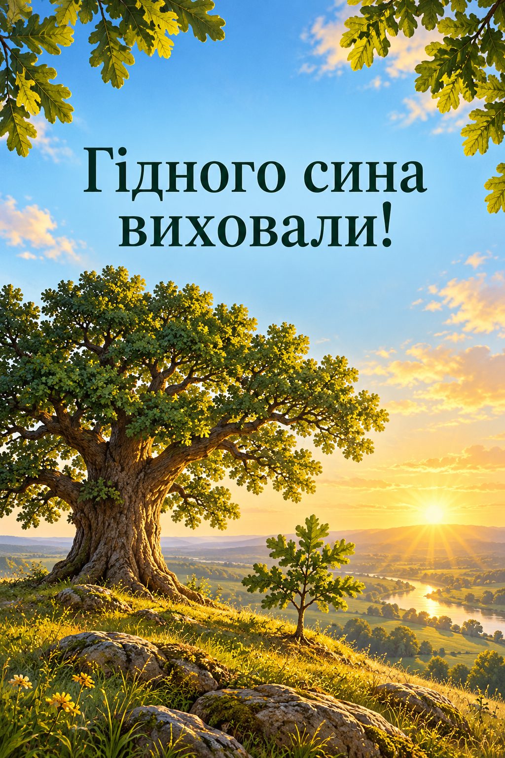 Листівка батькам з днем народження сина: старий дуб і молодий дубок на пагорбі, напис «Гідного сина виховали!»