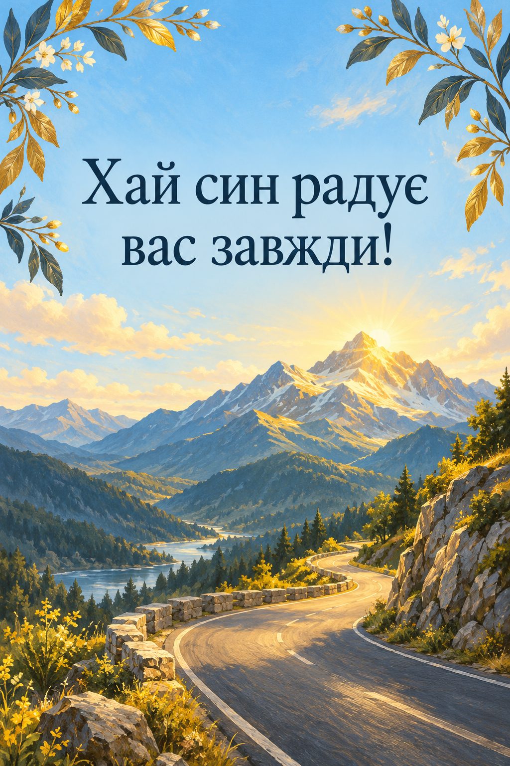 Листівка батькам з днем народження сина: гірська дорога до осяяної сонцем вершини, напис «Хай син радує вас завжди!»
