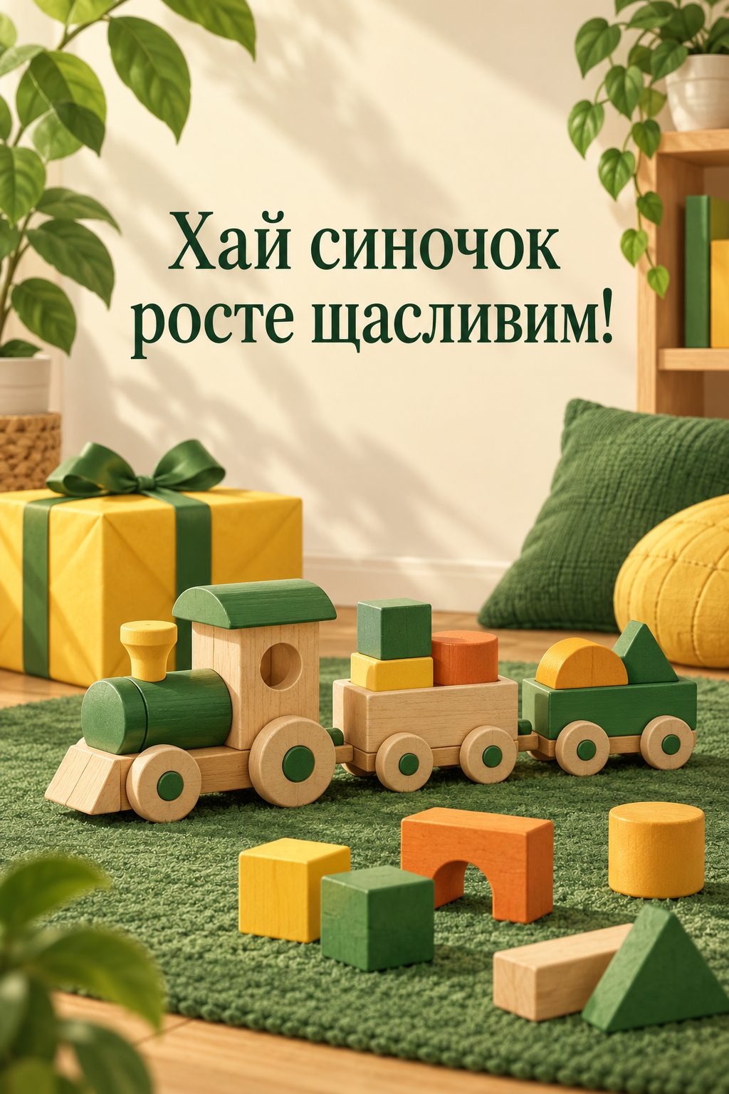 Листівка батькам з днем народження сина: іграшковий потяг серед кубиків і подарунок, напис «Хай синочок росте щасливим!»