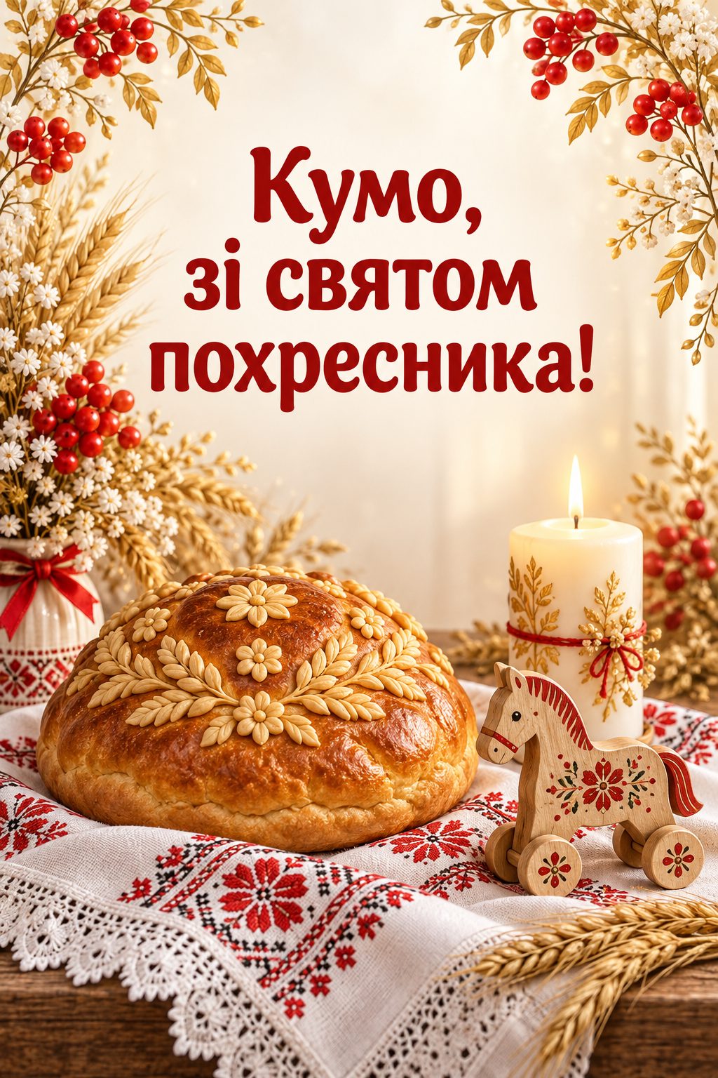 Листівка батькам з днем народження сина: коровай на рушнику, свічка й дерев'яний коник, напис «Кумо, зі святом похресника!»