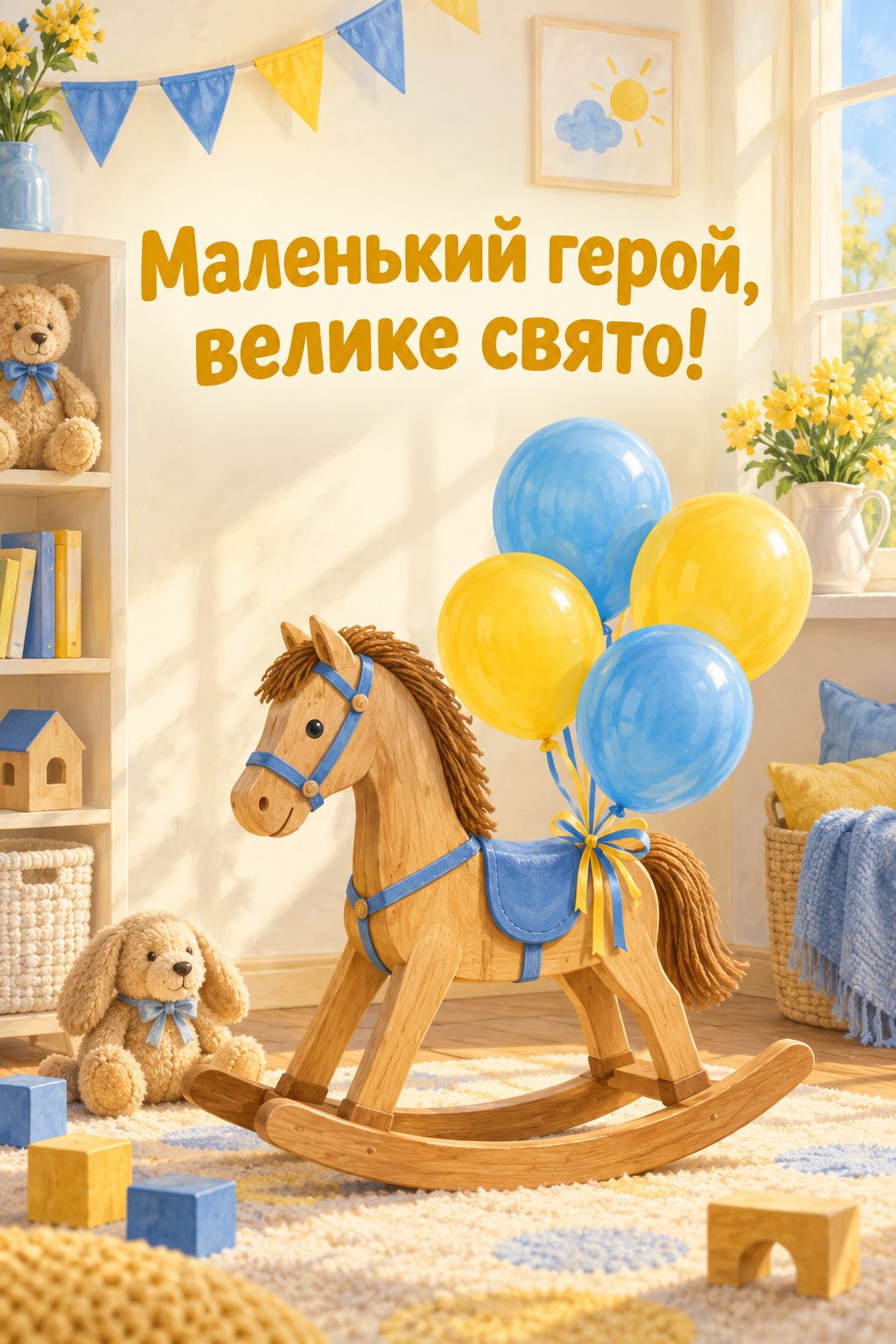 Листівка батькам з днем народження сина: конячка-гойдалка з кульками, напис «Маленький герой, велике свято!»