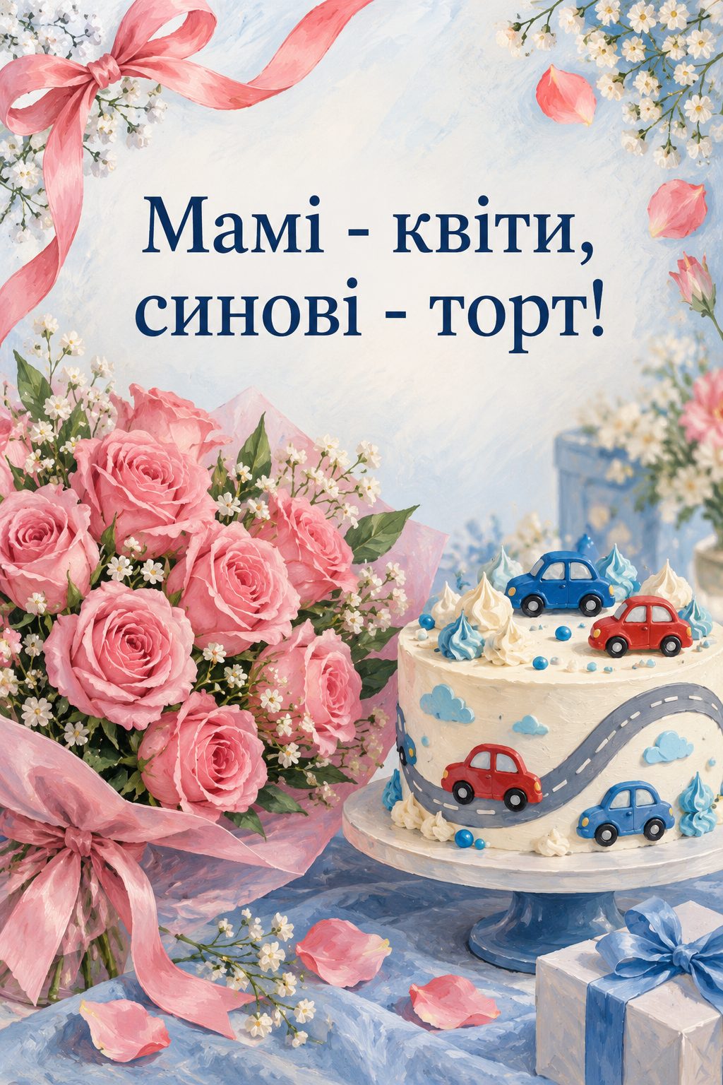Листівка батькам з днем народження сина: букет рожевих троянд і торт із машинками, напис «Мамі - квіти, синові - торт!»