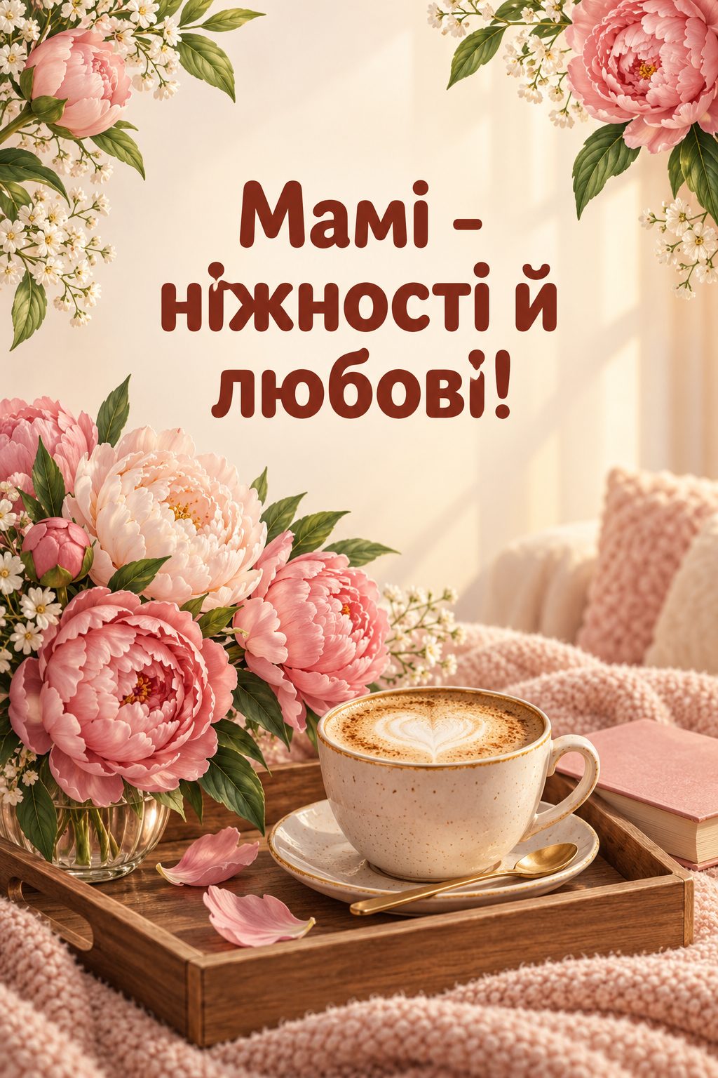 Листівка батькам з днем народження сина: півонії й капучино на таці, напис «Мамі - ніжності й любові!»