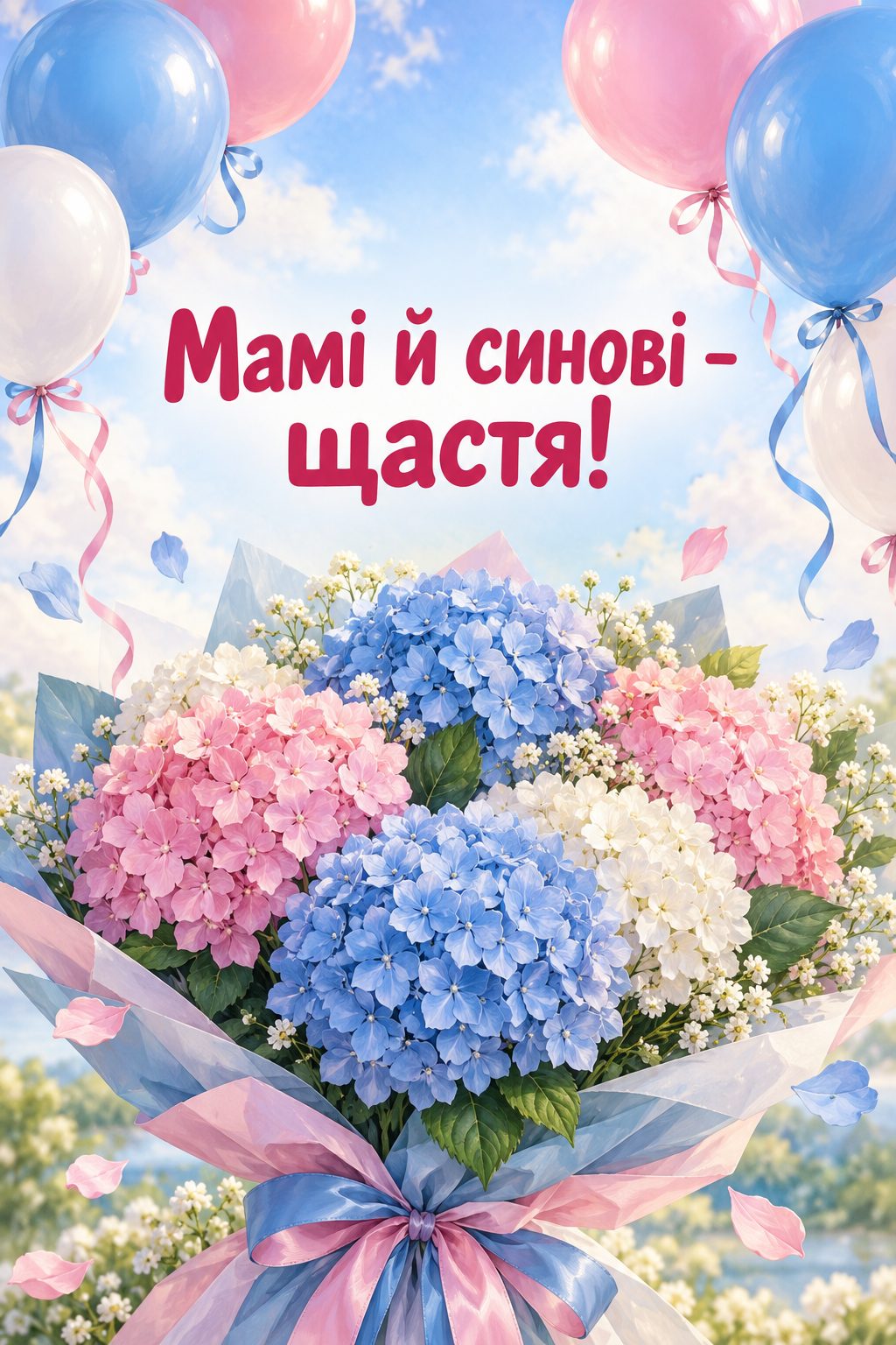 Листівка батькам з днем народження сина: блакитні й рожеві кульки над гортензіями, напис «Мамі й синові - щастя!»