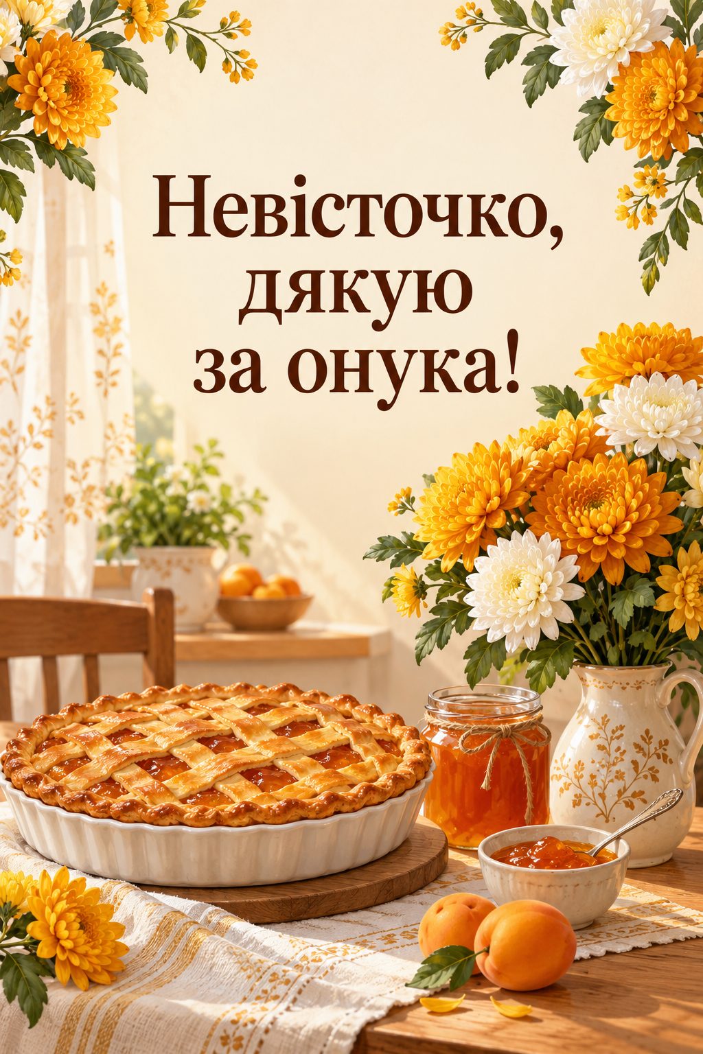 Листівка батькам з днем народження сина: варення, пиріг і букет хризантем, напис «Невісточко, дякую за онука!»