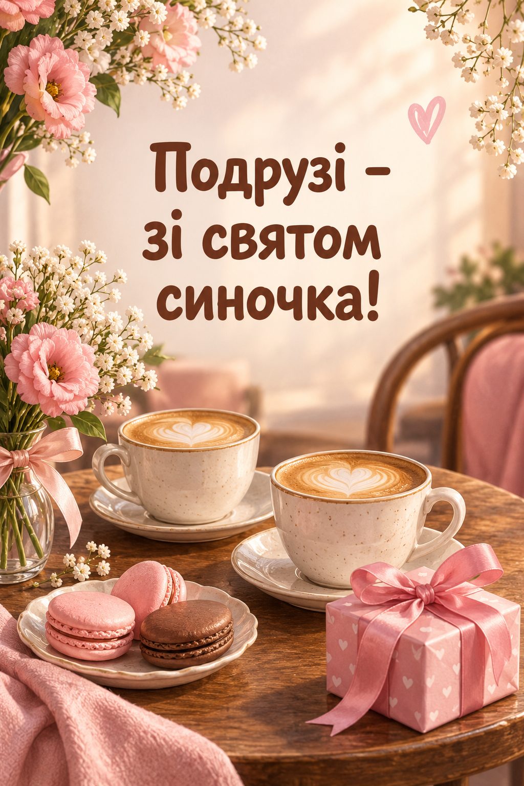 Листівка батькам з днем народження сина: дві чашки кави, макаруни й подарунок, напис «Подрузі - зі святом синочка!»