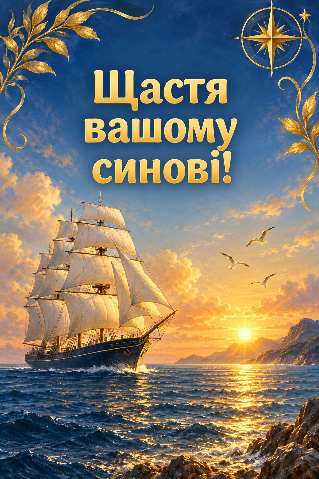 Листівка батькам з днем народження сина: вітрильник у спокійному морі на світанку, напис «Щастя вашому синові!»
