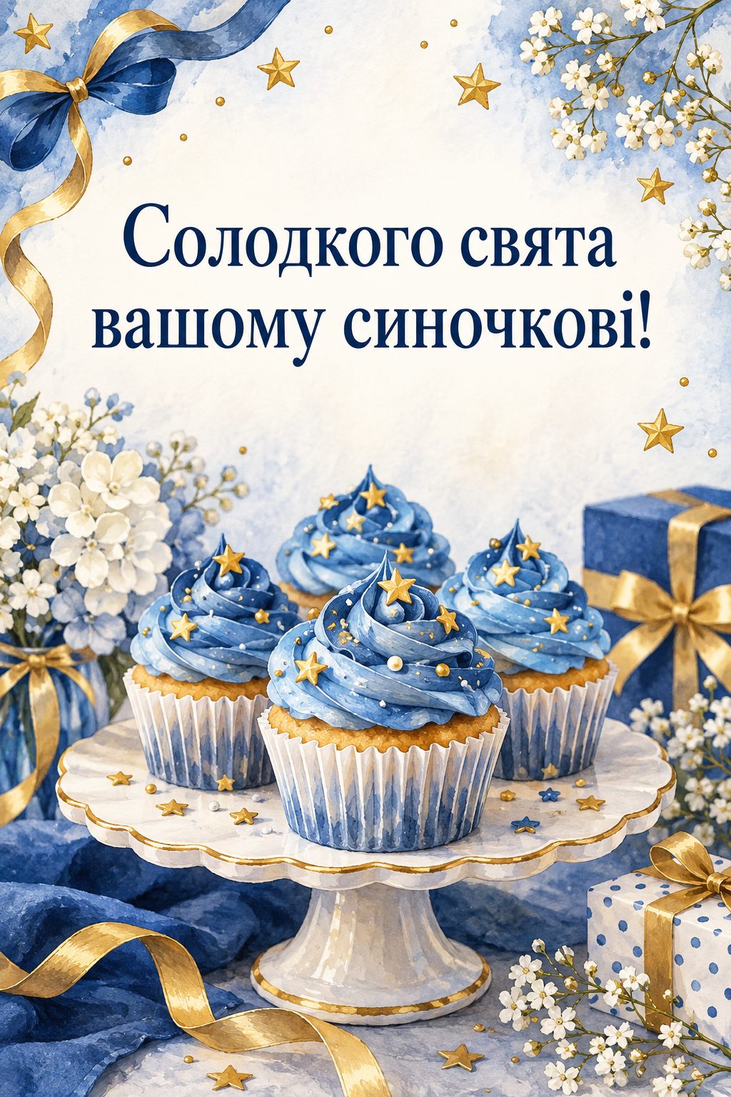 Листівка батькам з днем народження сина: капкейки з блакитним кремом і зірочками, напис «Солодкого свята вашому синочкові!»
