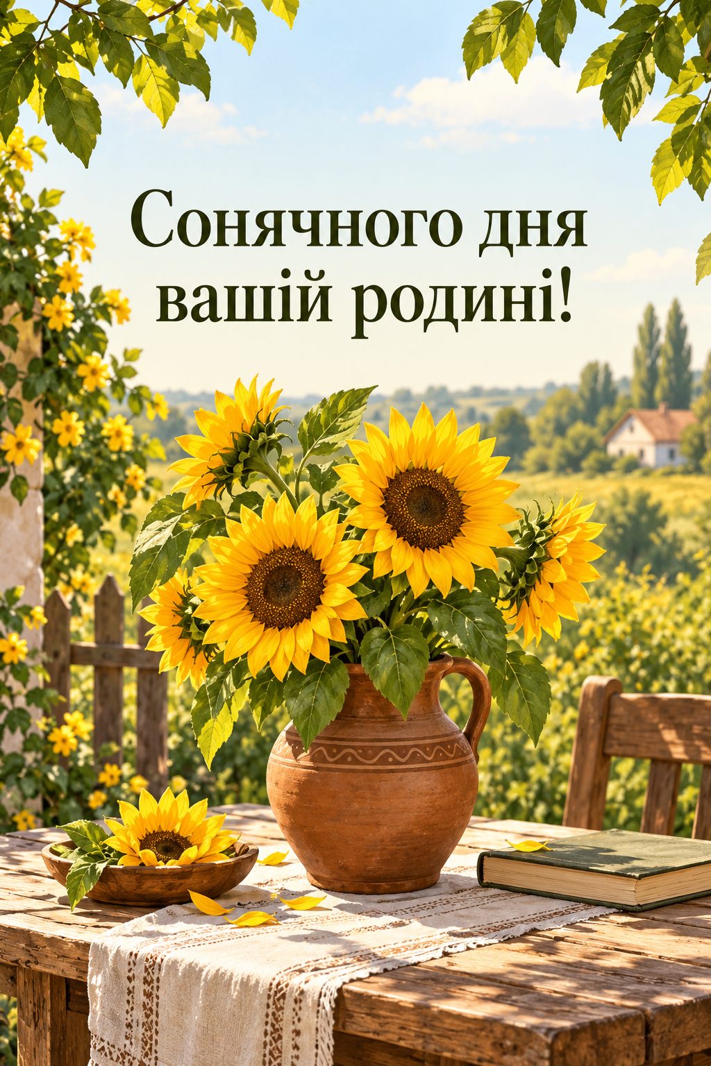 Листівка батькам з днем народження сина: соняшники в глечику на садовому столі, напис «Сонячного дня вашій родині!»