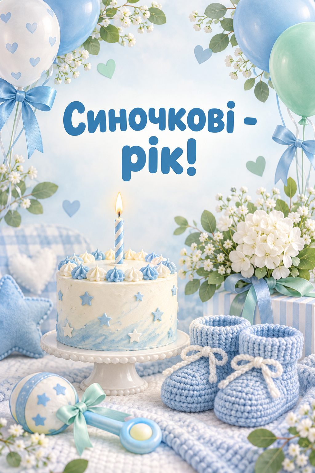 Листівка батькам з днем народження сина: тортик зі свічкою, блакитні пінетки й брязкальце, напис «Синочкові - рік!»