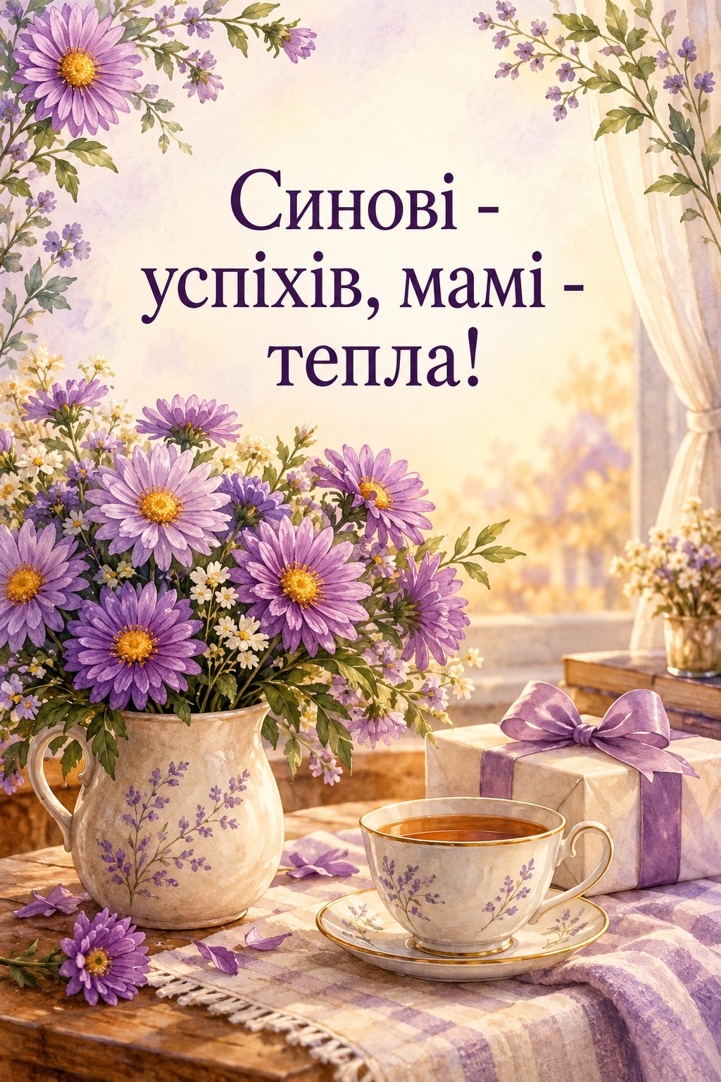 Листівка батькам з днем народження сина: чашка чаю, букет айстр і подарунок, напис «Синові - успіхів, мамі - тепла!»