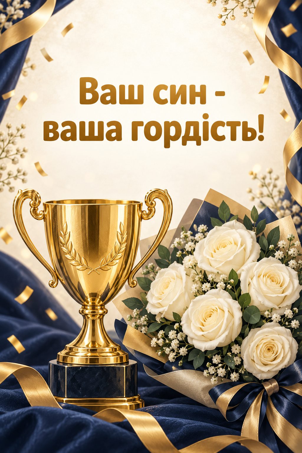 Листівка батькам з днем народження сина: золотий кубок і букет білих троянд, напис «Ваш син - ваша гордість!»