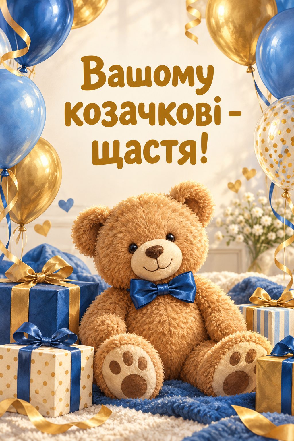 Листівка батькам з днем народження сина: плюшевий ведмедик у блакитному метелику й кульки, напис «Вашому козачкові - щастя!»