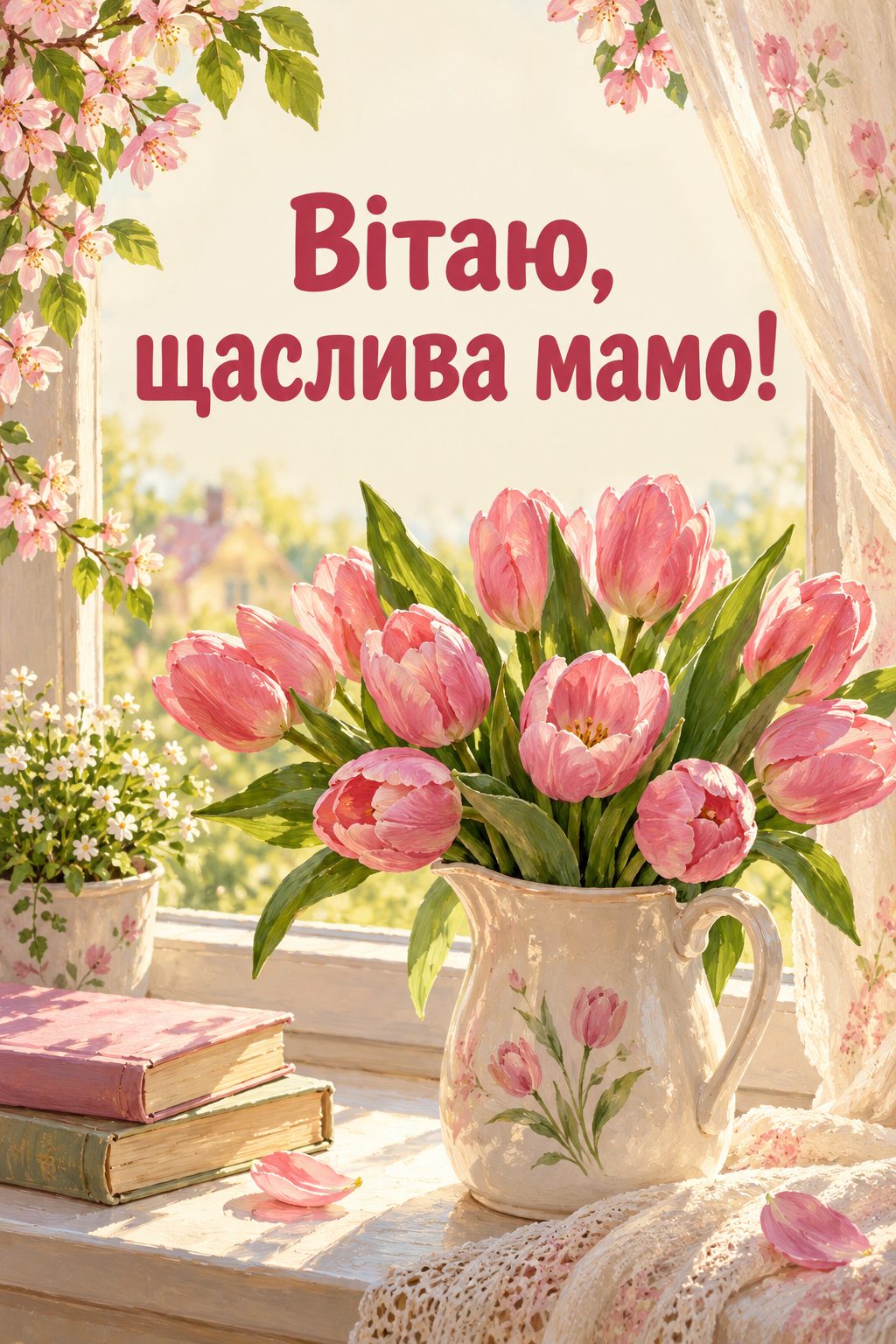 Листівка батькам з днем народження сина: рожеві тюльпани в глечику на підвіконні, напис «Вітаю, щаслива мамо!»