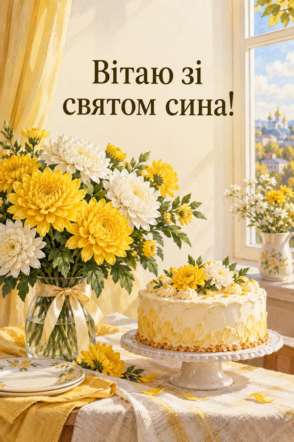Листівка батькам з днем народження сина: букет хризантем і святковий торт біля вікна, напис «Вітаю зі святом сина!»