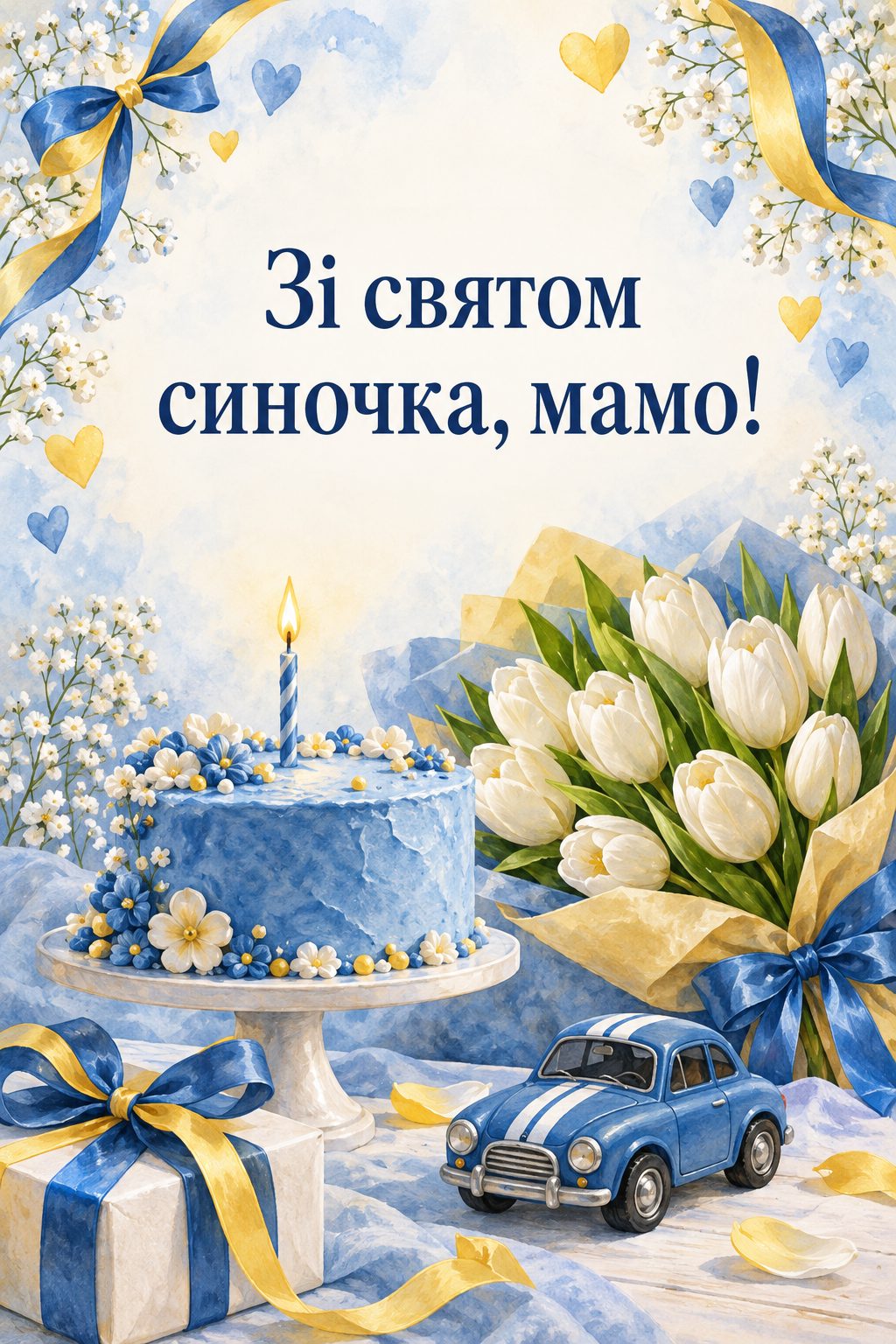 Листівка батькам з днем народження сина: блакитний торт зі свічкою, білі тюльпани й іграшкова машинка, напис «Зі святом синочка, мамо!»