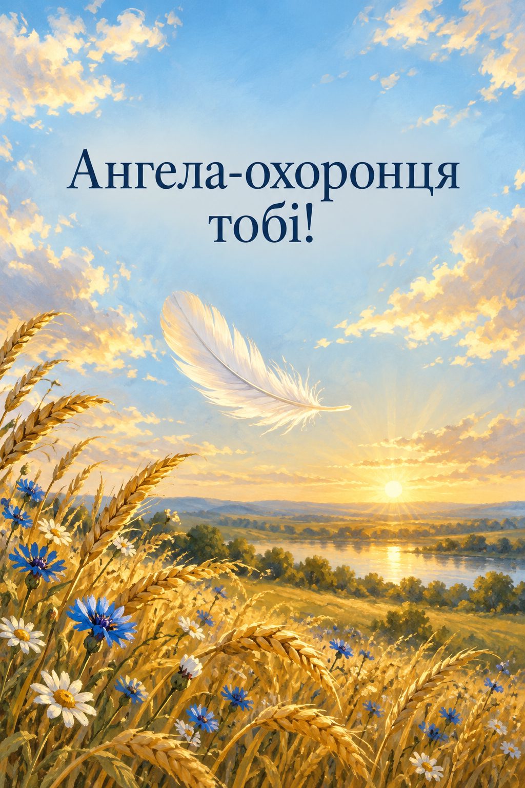 Листівка для військових: біла пір'їнка в золотому світлі над полем, напис «Ангела-охоронця тобі!»