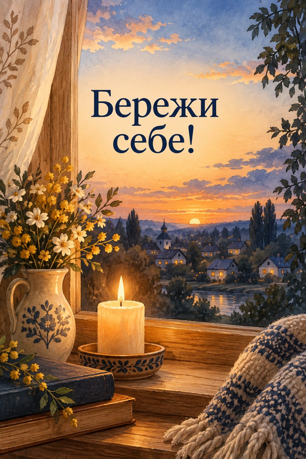 Листівка для військових: свічка на підвіконні й вечірнє село за вікном, напис «Бережи себе!»