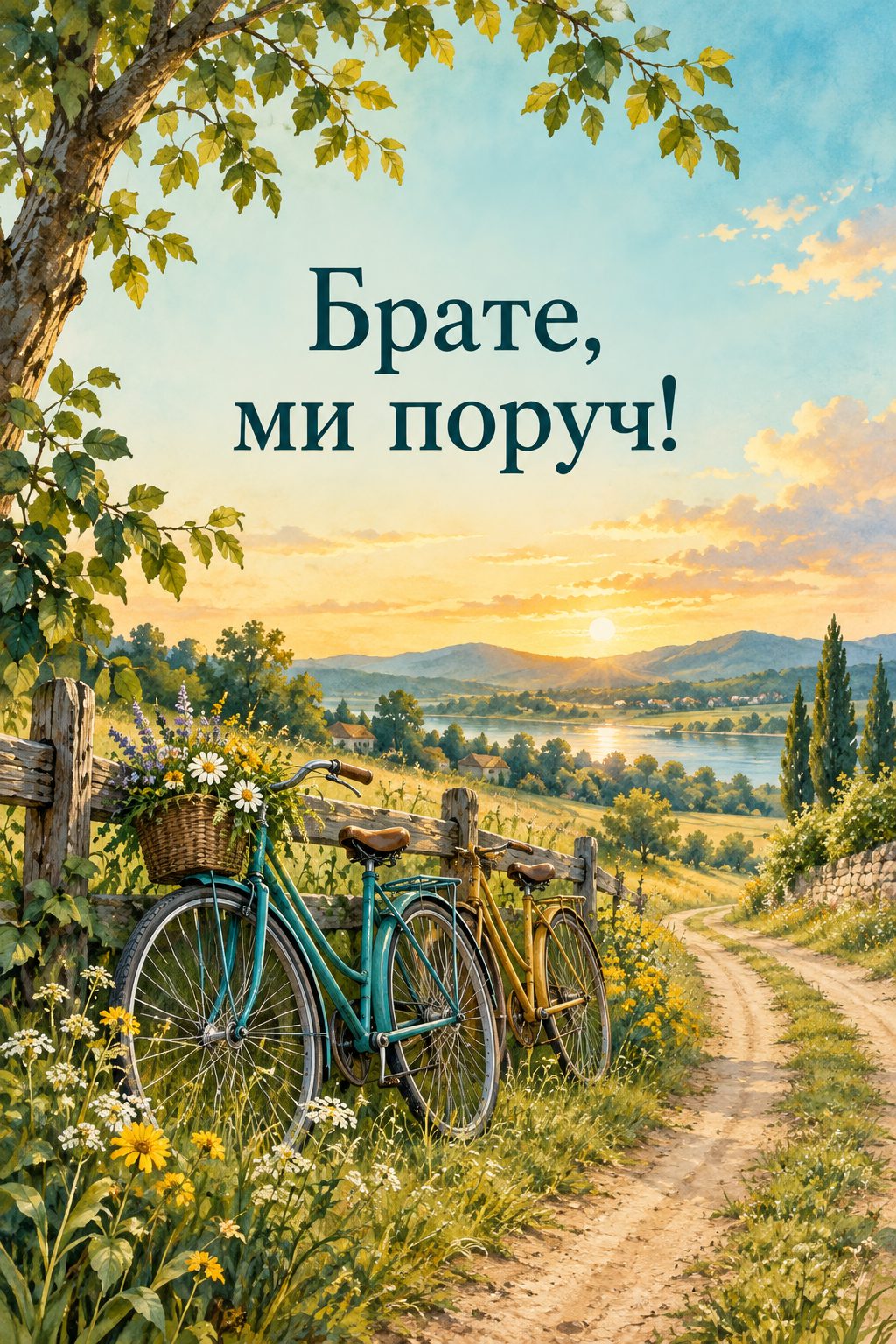 Листівка для військових: два велосипеди біля паркану край поля, напис «Брате, ми поруч!»