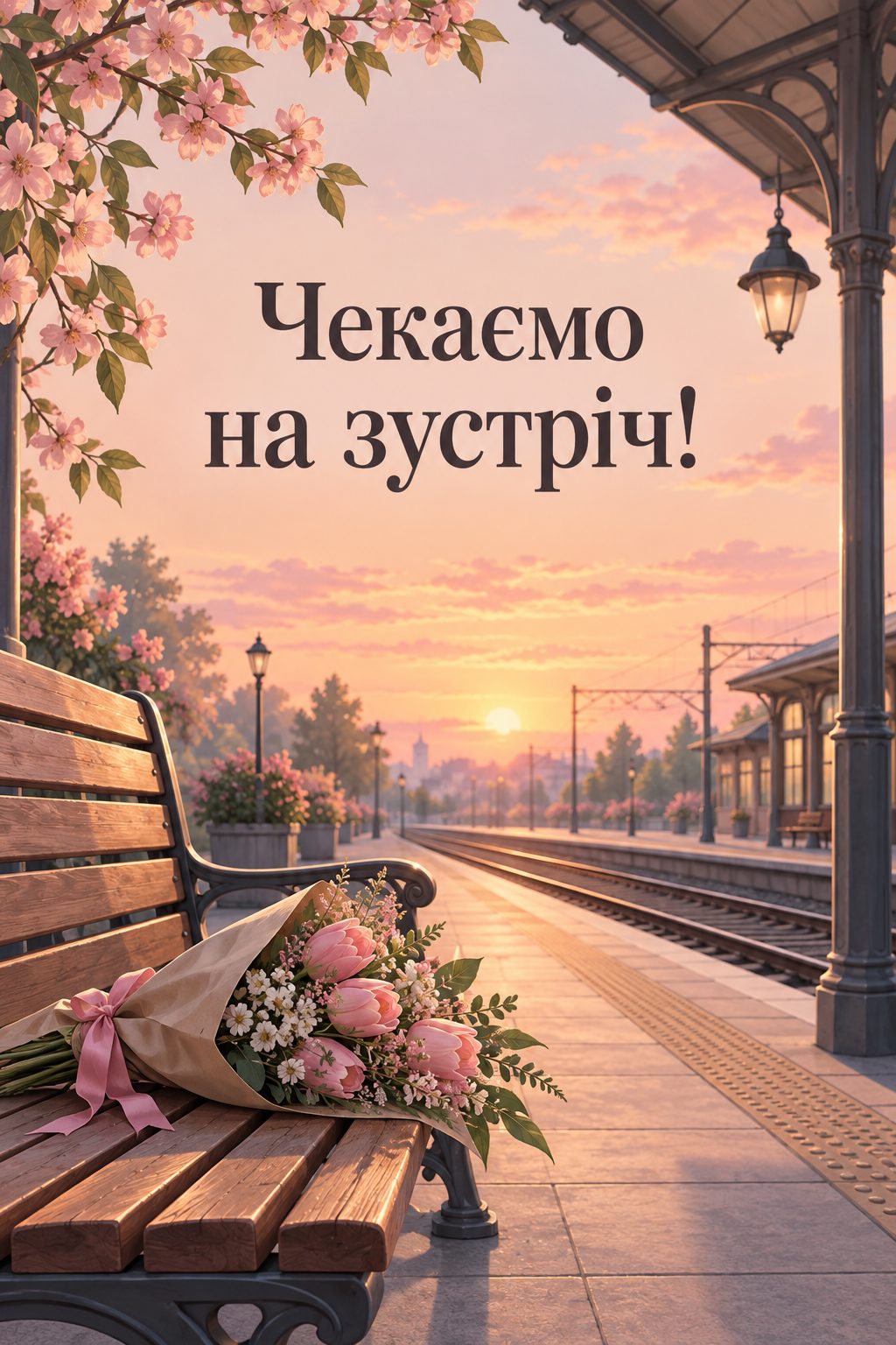 Листівка для військових: лава на пероні й букет квітів на світанку, напис «Чекаємо на зустріч!»