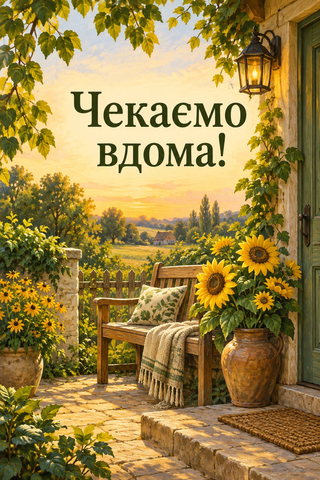 Листівка для військових: ґанок із ліхтарем, лавою й соняшниками, напис «Чекаємо вдома!»