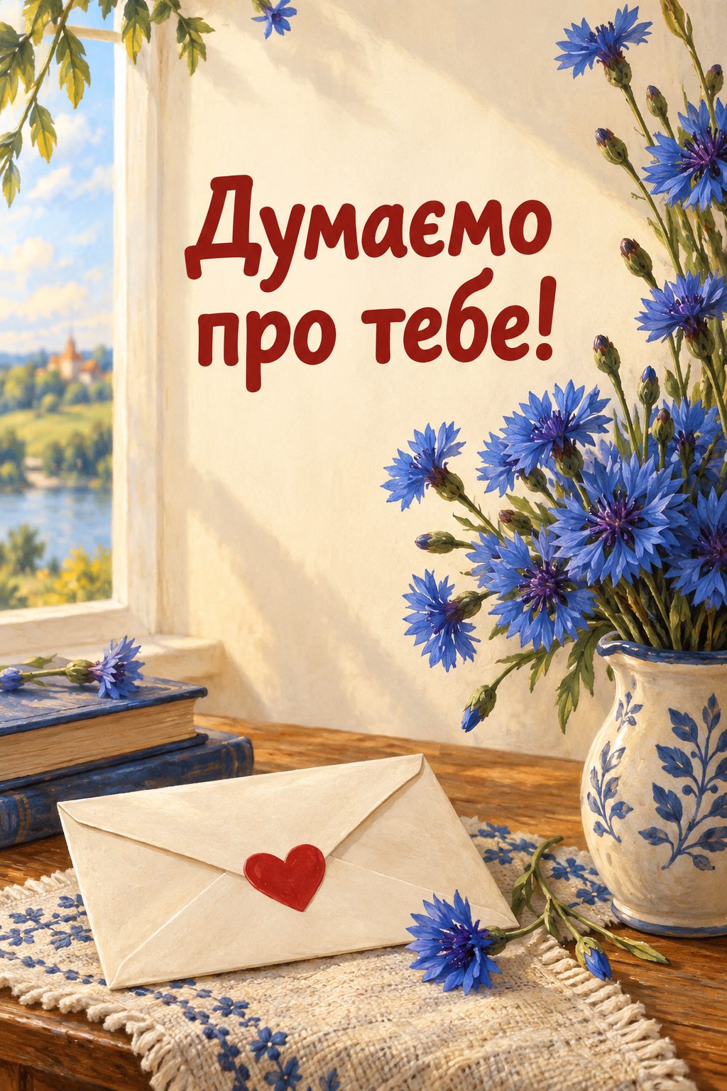 Листівка для військових: конверт із сердечком і букетик волошок, напис «Думаємо про тебе!»