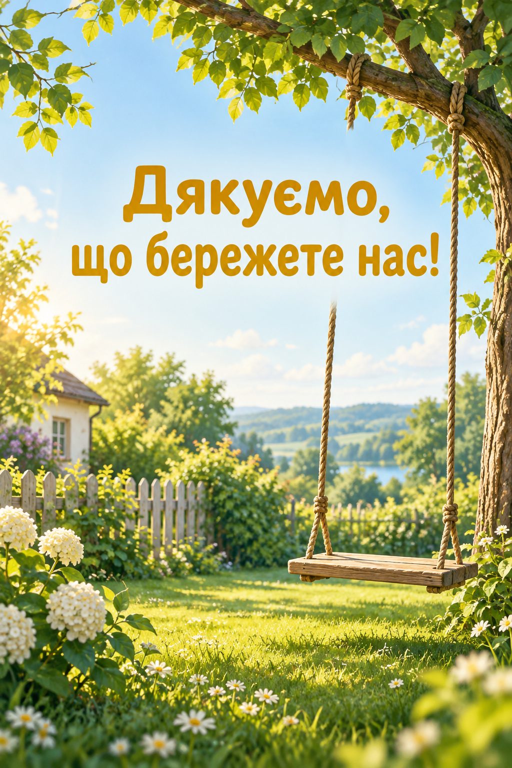 Листівка для військових: дитяча гойдалка в тихому зеленому дворі, напис «Дякуємо, що бережете нас!»
