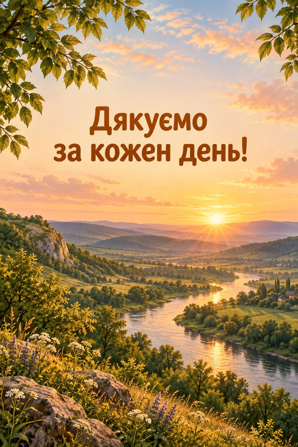 Листівка для військових: світанок над зеленою долиною, напис «Дякуємо за кожен день!»