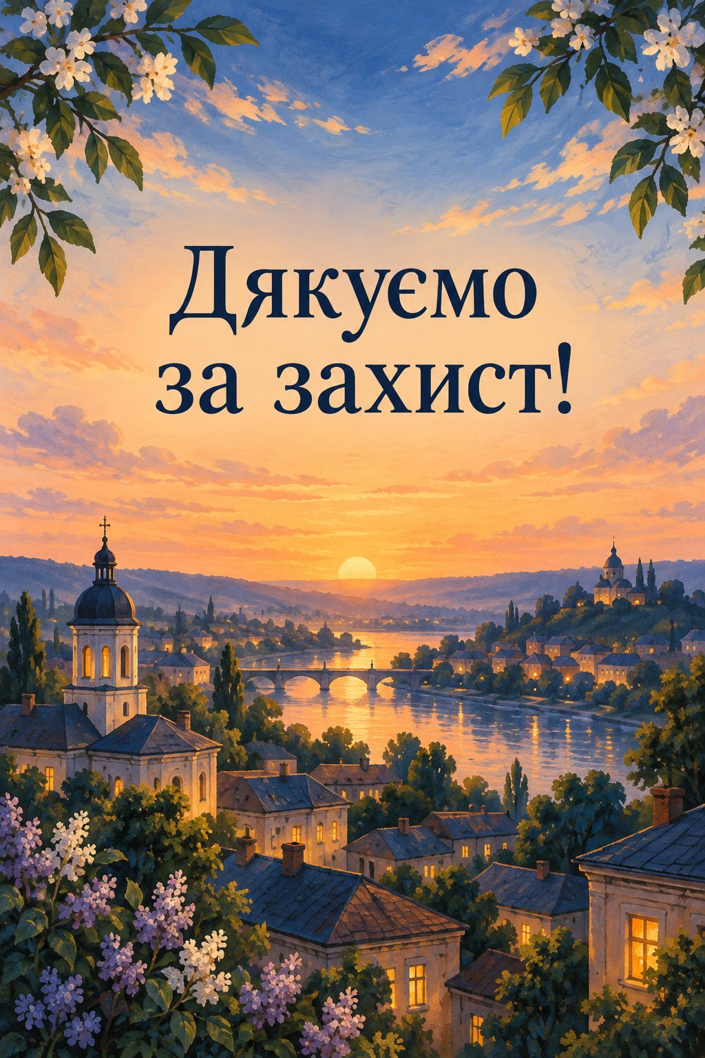 Листівка для військових: мирне місто на світанку з вогниками у вікнах, напис «Дякуємо за захист!»