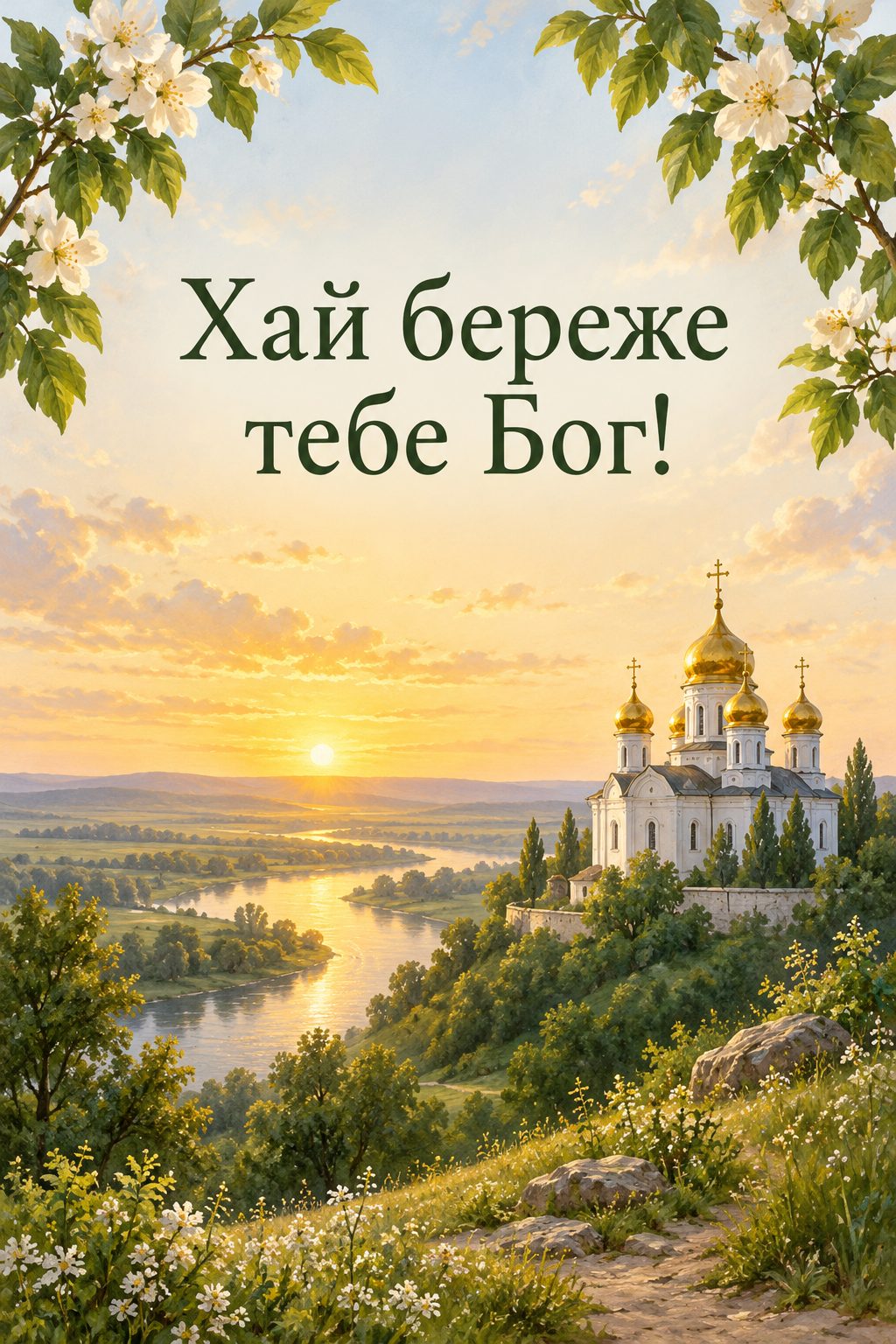 Листівка для військових: церква із золотими банями на пагорбі, напис «Хай береже тебе Бог!»