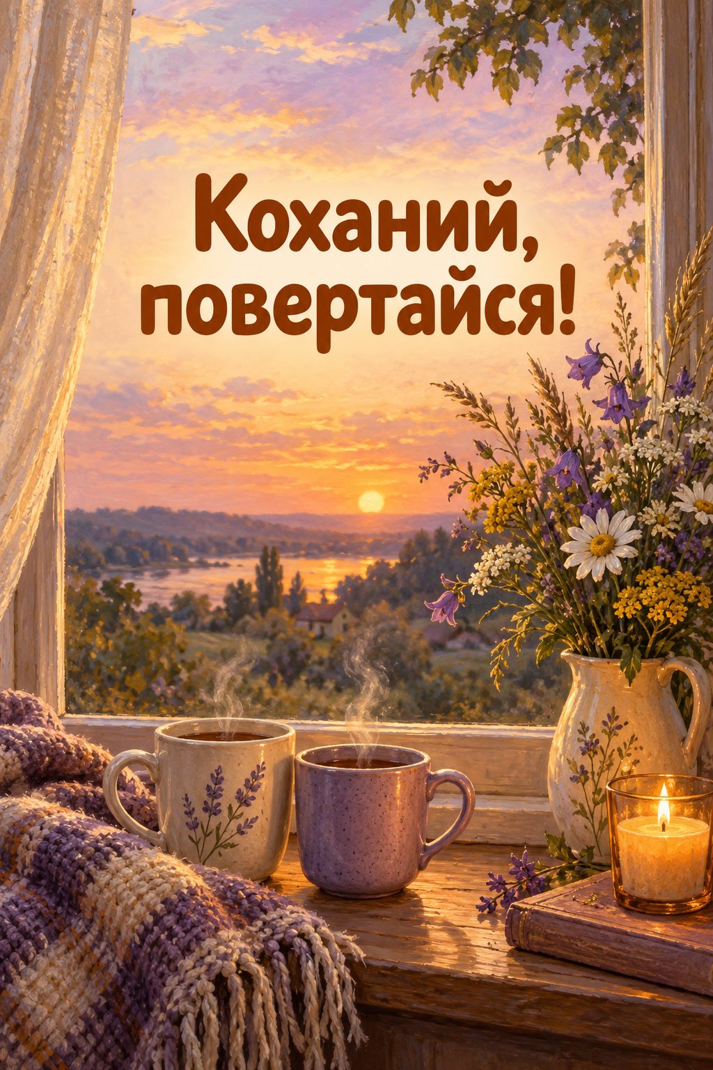 Листівка для військових: дві чашки, свічка й польові квіти на підвіконні, напис «Коханий, повертайся!»