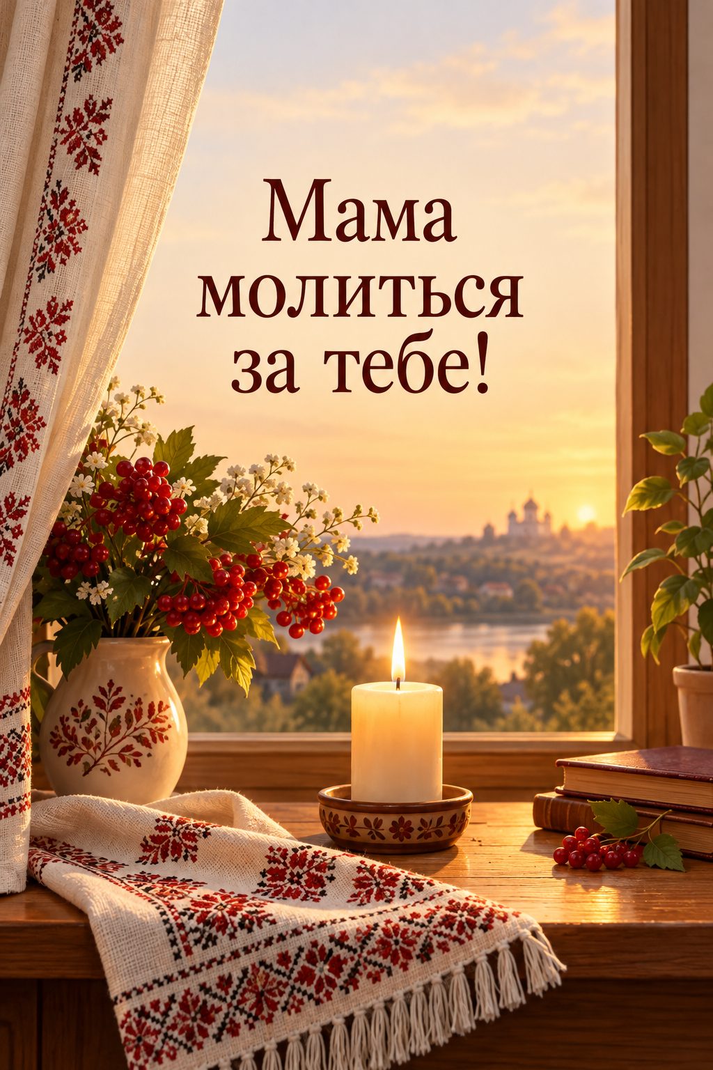 Листівка для військових: свічка й вишитий рушничок біля вікна, напис «Мама молиться за тебе!»